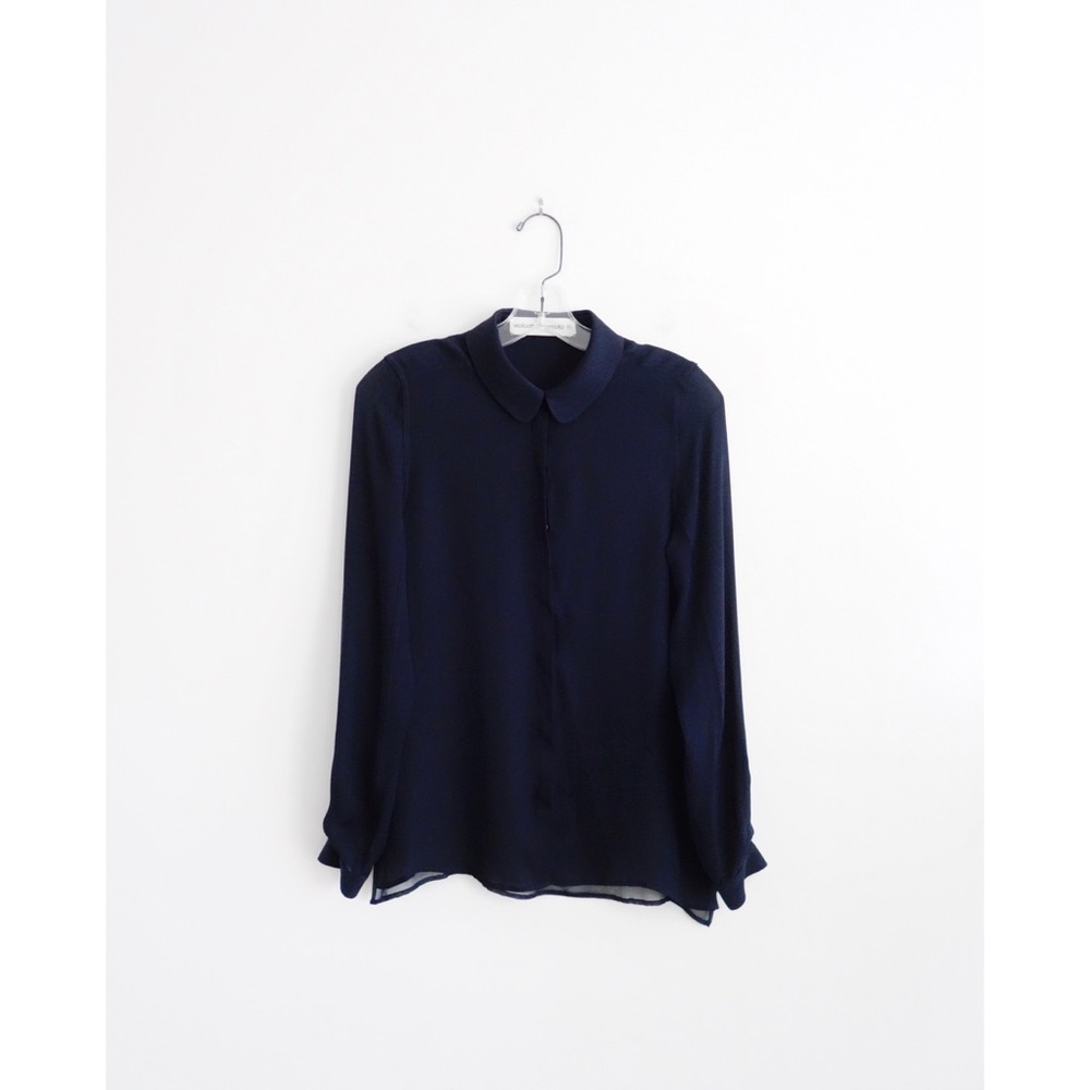 Wolcott Takemoto Dark Blue Sheer Back Top fit S